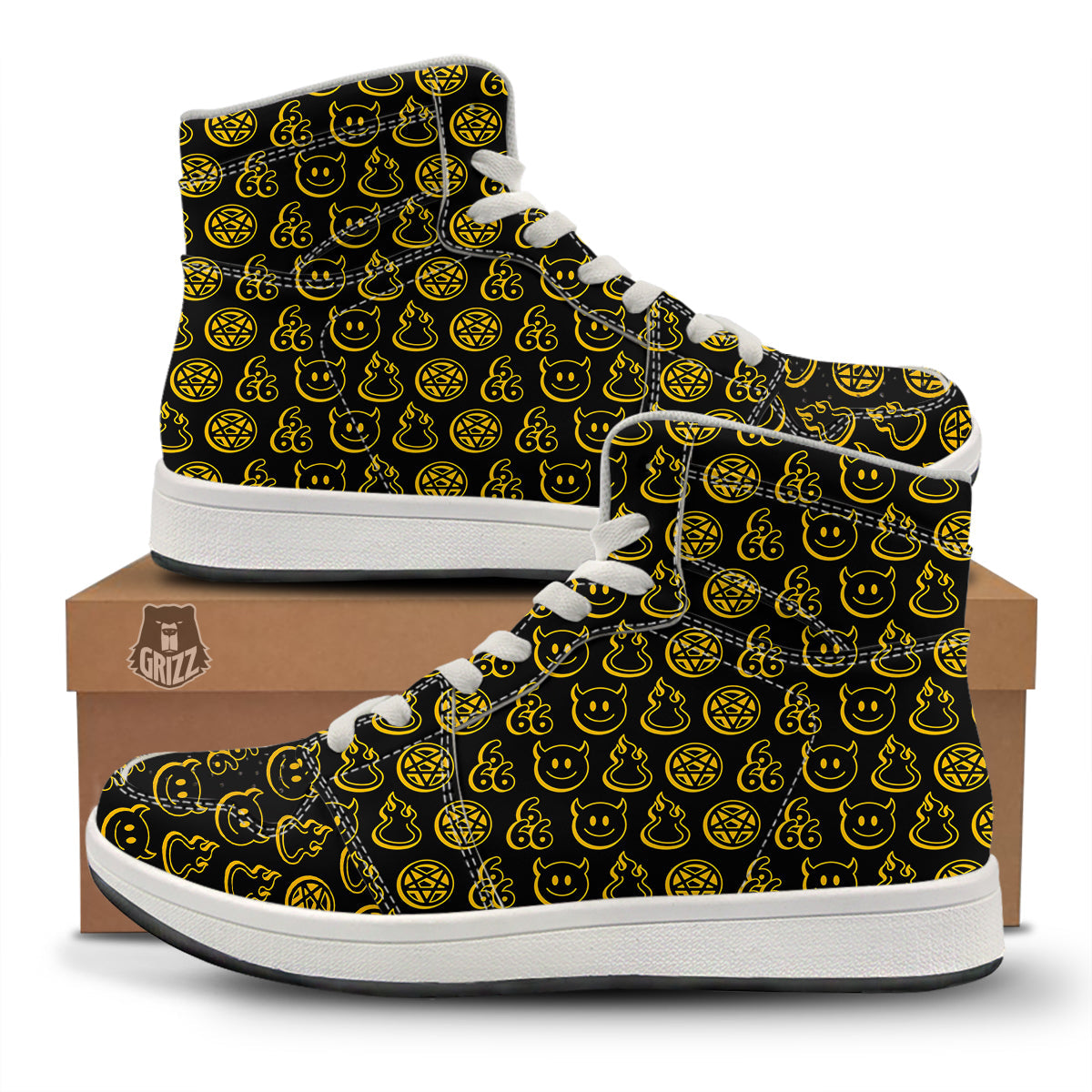 Yellow Demon Smile And Symbol Print Pattern High Top Sneakers-grizzshop