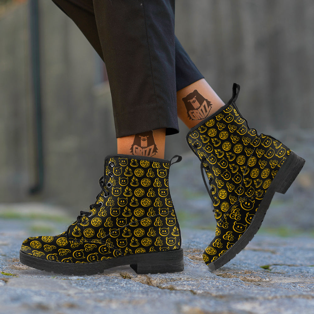 Yellow Demon Smile And Symbol Print Pattern Leather Boots-grizzshop
