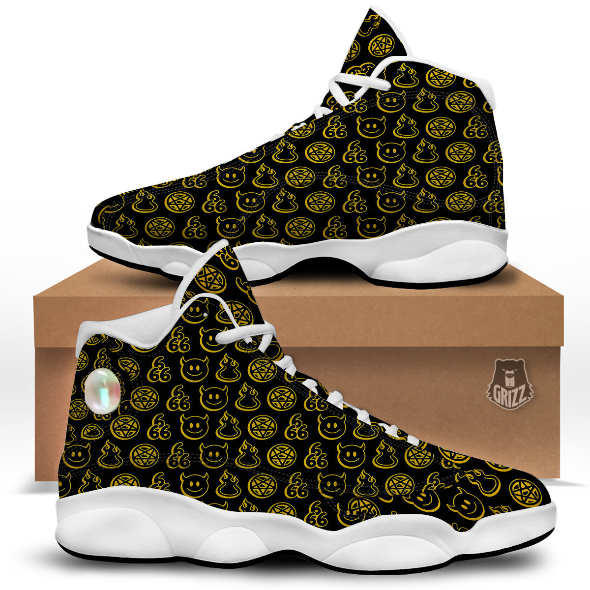 Yellow Demon Smile And Symbol Print Pattern White Basketball Shoes-grizzshop