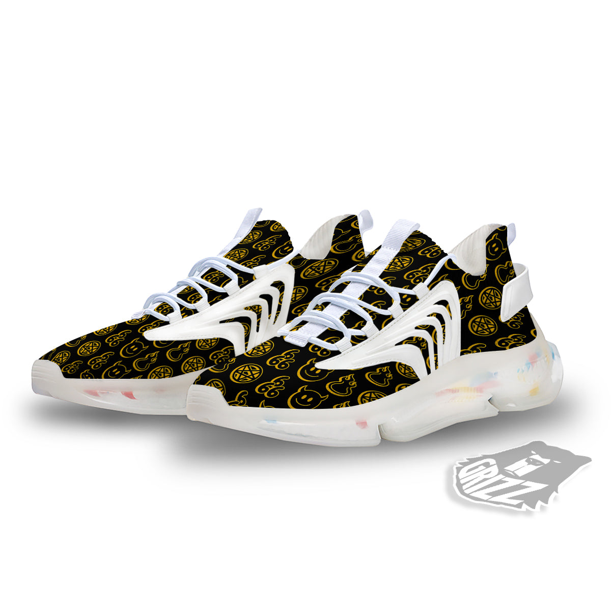 Yellow Demon Smile And Symbol Print Pattern White Gym Shoes-grizzshop