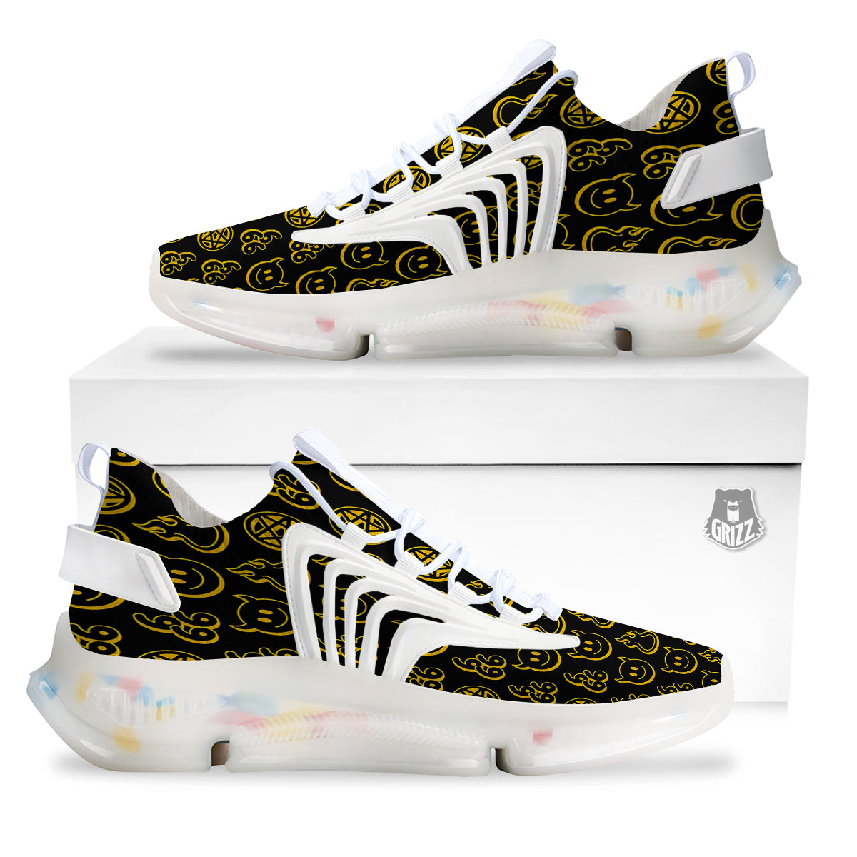 Yellow Demon Smile And Symbol Print Pattern White Gym Shoes-grizzshop