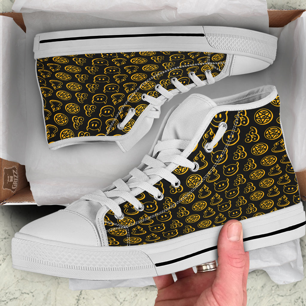 Yellow Demon Smile And Symbol Print Pattern White High Top Shoes-grizzshop