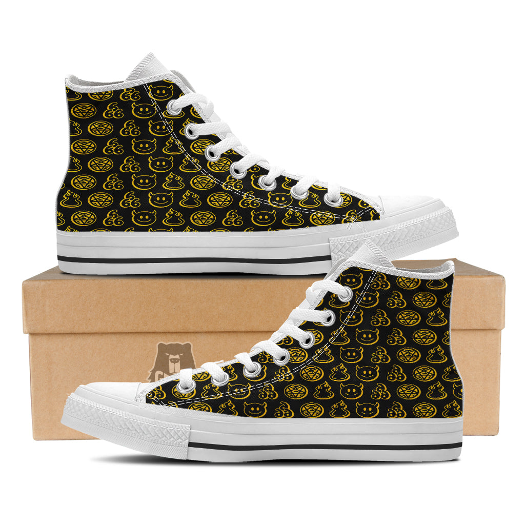 Yellow Demon Smile And Symbol Print Pattern White High Top Shoes-grizzshop