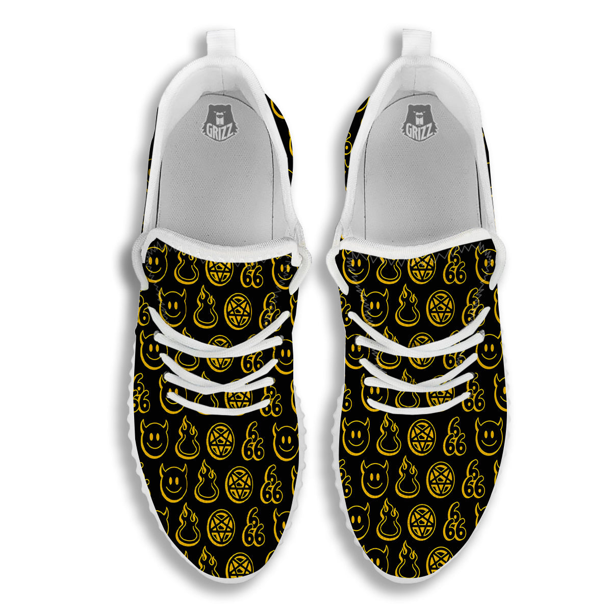 Yellow Demon Smile And Symbol Print Pattern White Walking Shoes-grizzshop