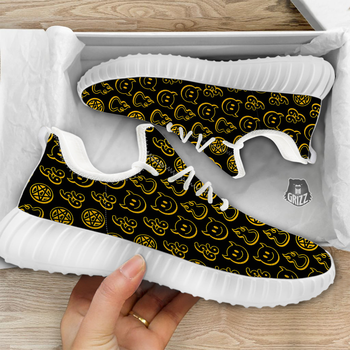 Yellow Demon Smile And Symbol Print Pattern White Walking Shoes-grizzshop