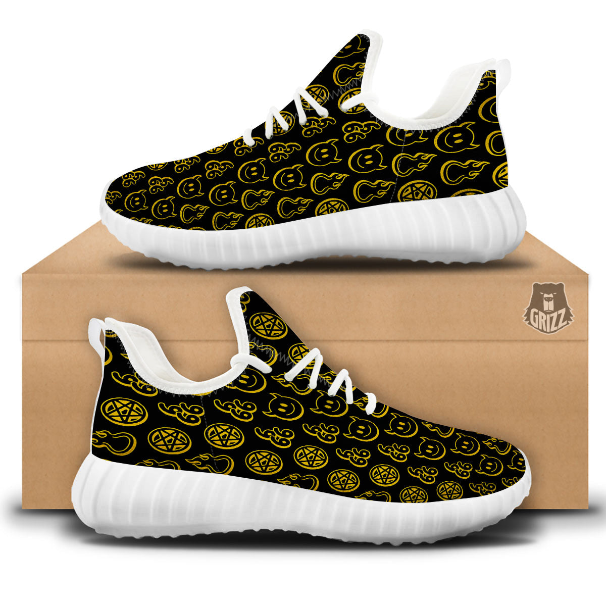 Yellow Demon Smile And Symbol Print Pattern White Walking Shoes-grizzshop