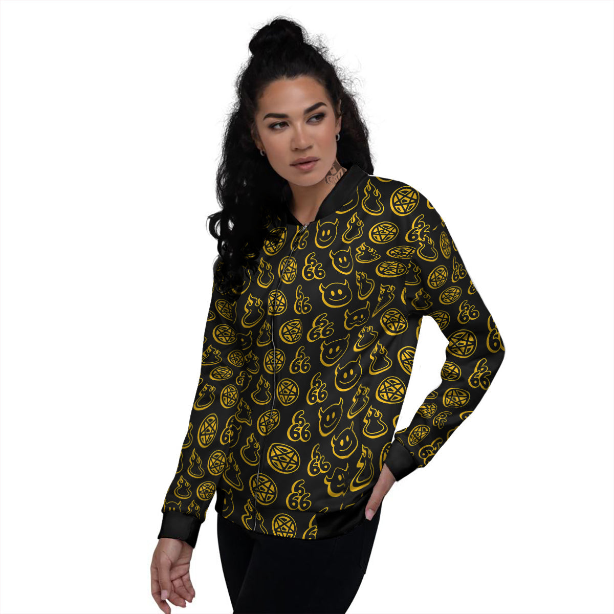 Yellow Demon Smile And Symbol Print Pattern Women's Bomber Jacket-grizzshop