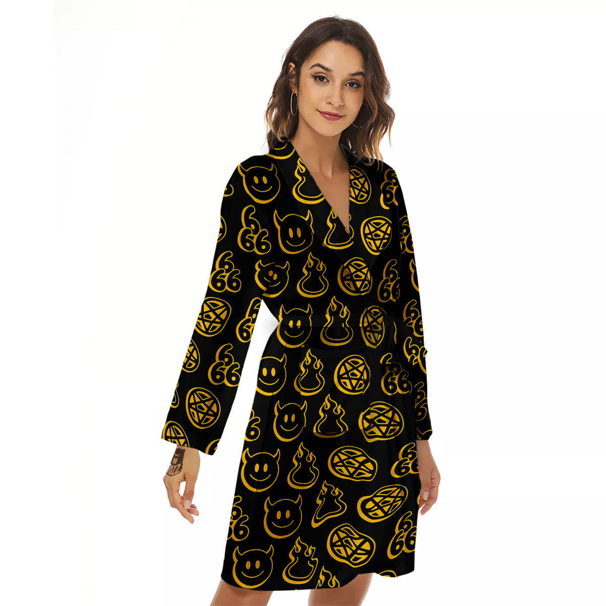 Yellow Demon Smile And Symbol Print Pattern Women's Robe-grizzshop