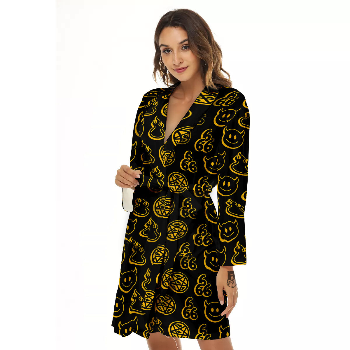 Yellow Demon Smile And Symbol Print Pattern Women's Robe-grizzshop