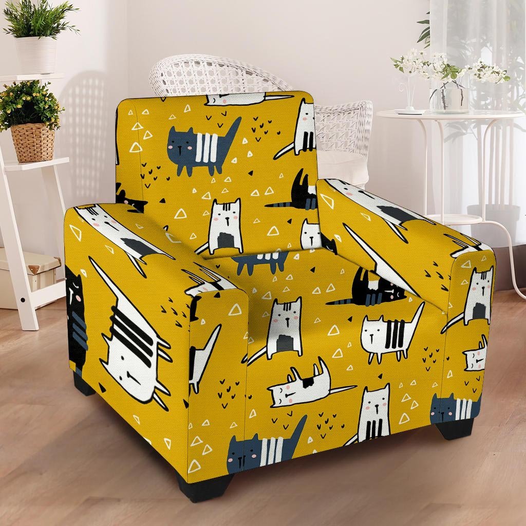 Yellow Doodle Cat Print Armchair Cover-grizzshop