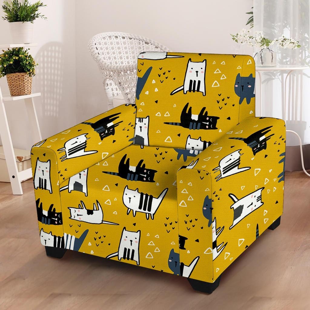 Yellow Doodle Cat Print Armchair Cover-grizzshop