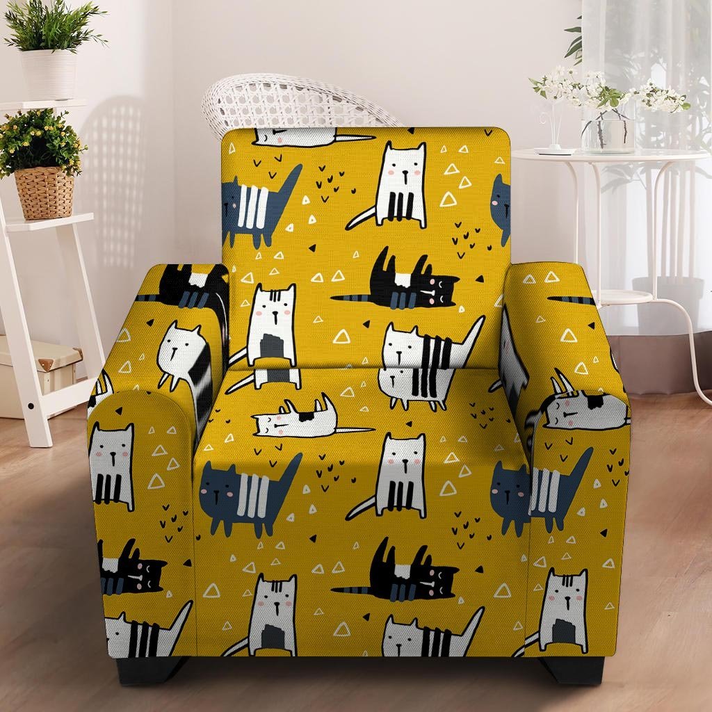 Yellow Doodle Cat Print Armchair Cover-grizzshop