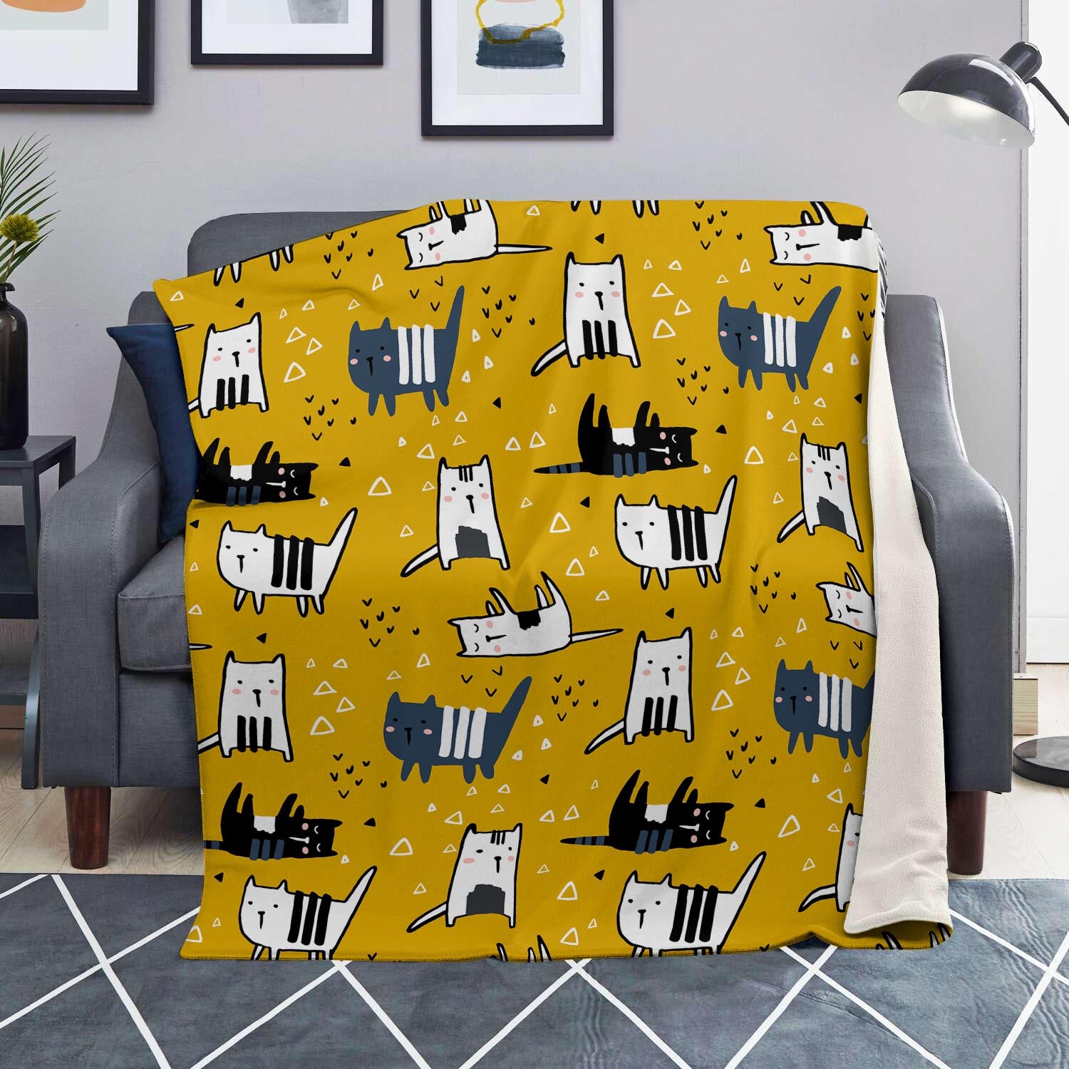 Yellow Doodle Cat Print Blanket-grizzshop