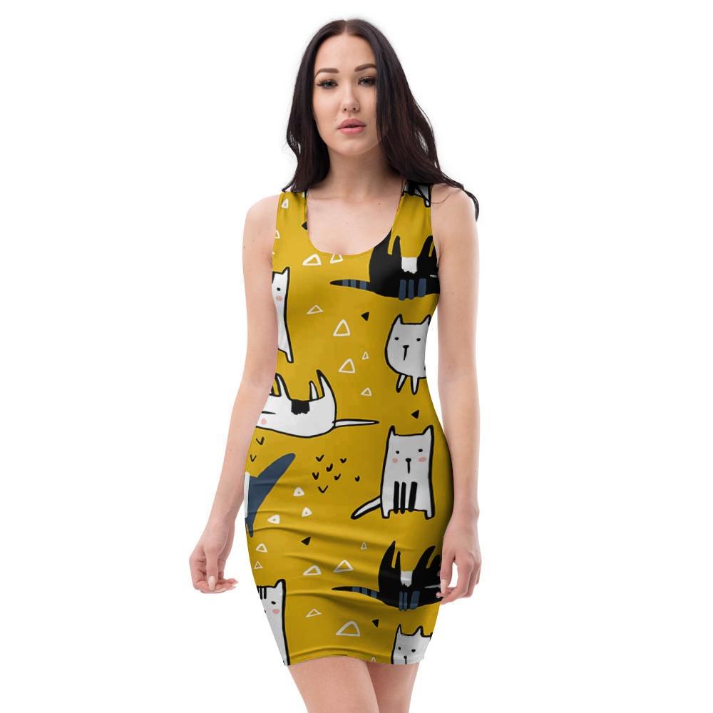 Yellow Doodle Cat Print Bodycon Dress-grizzshop