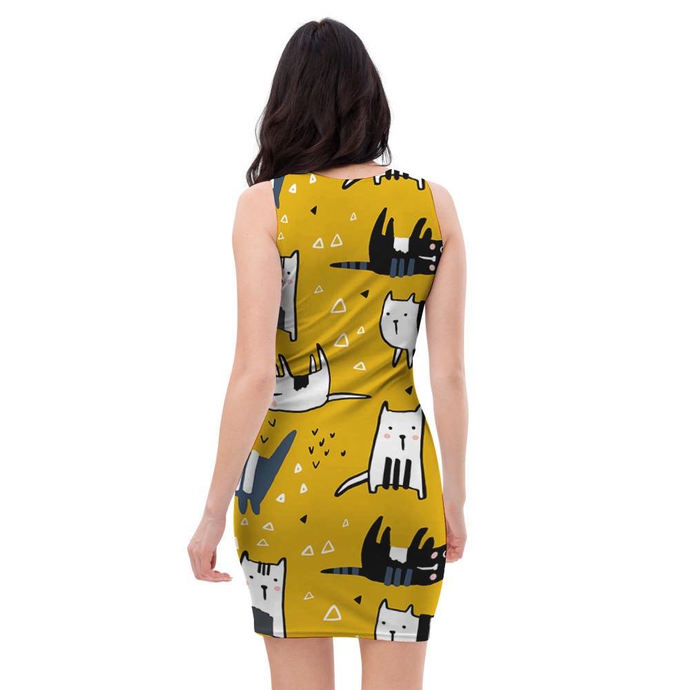 Yellow Doodle Cat Print Bodycon Dress-grizzshop