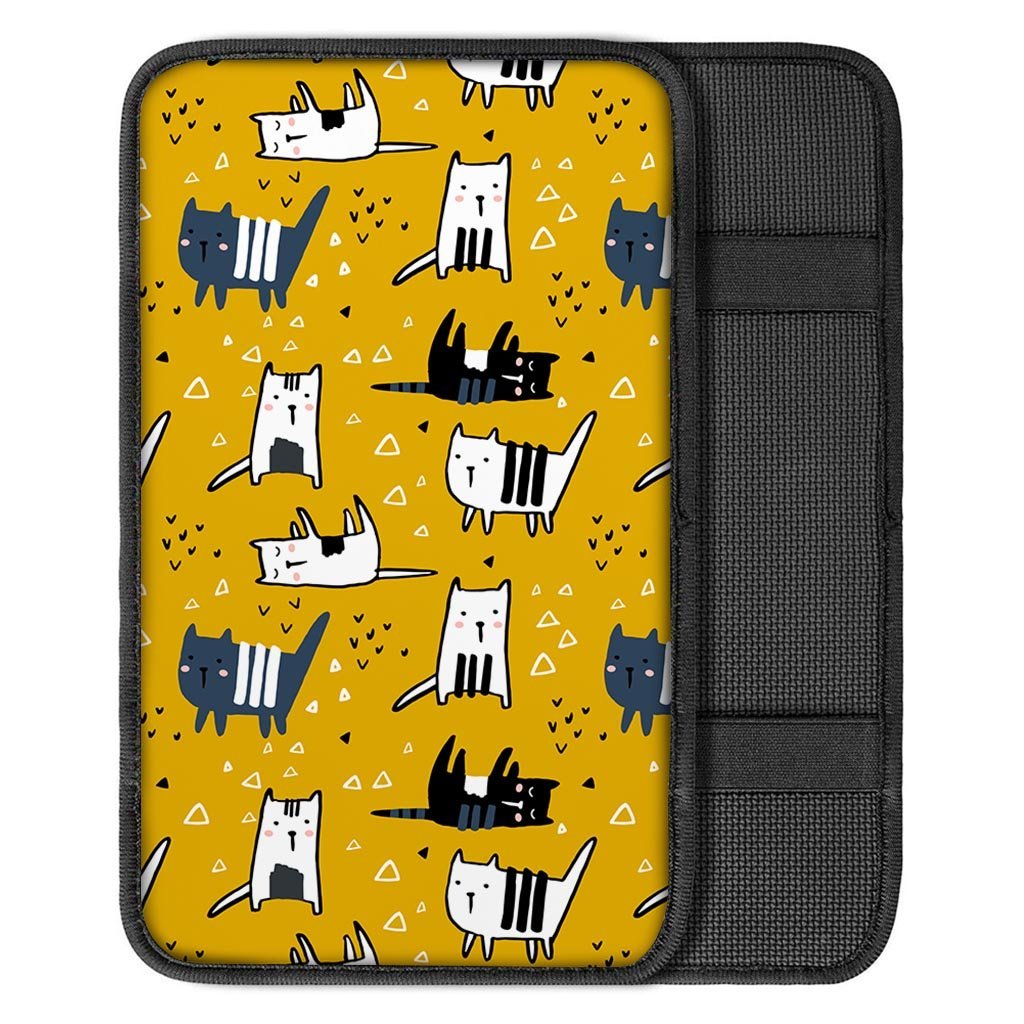Yellow Doodle Cat Print Car Console Cover-grizzshop