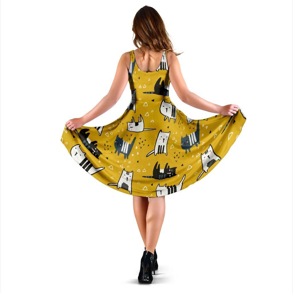 Yellow Doodle Cat Print Dress-grizzshop