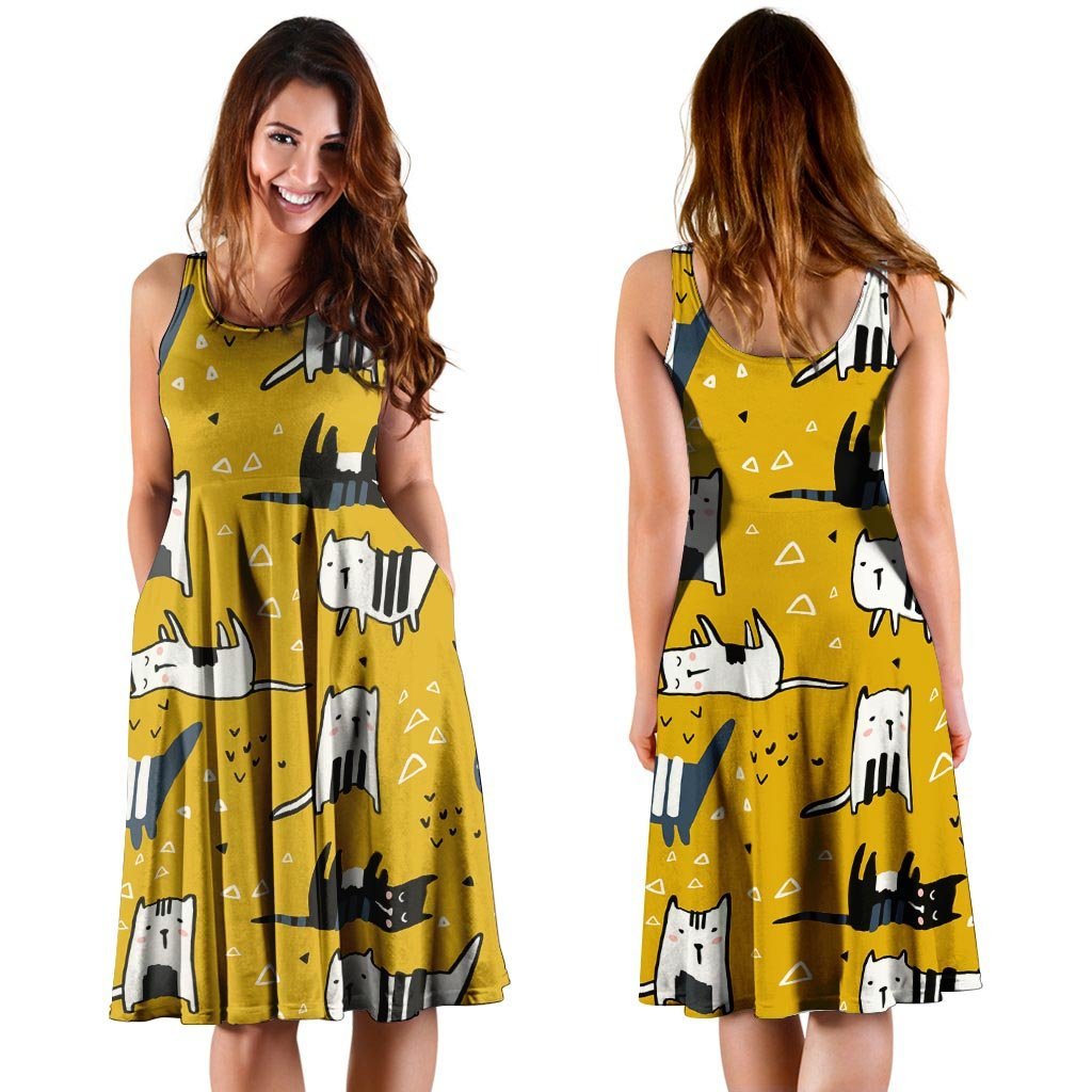 Yellow Doodle Cat Print Dress-grizzshop