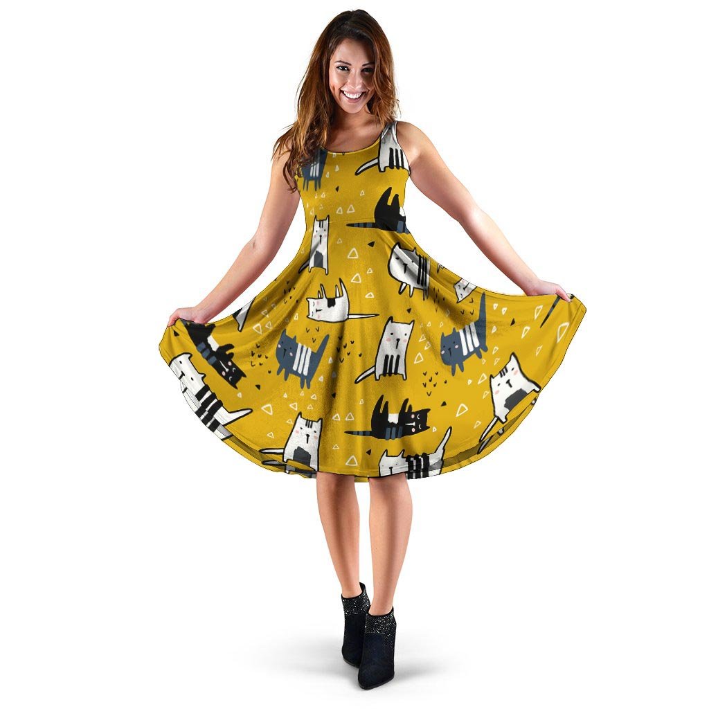 Yellow Doodle Cat Print Dress-grizzshop