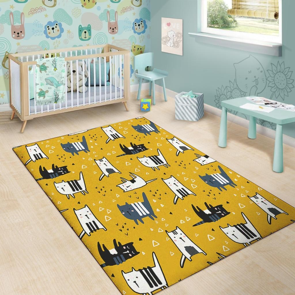 Yellow Doodle Cat Print Floor Mat-grizzshop