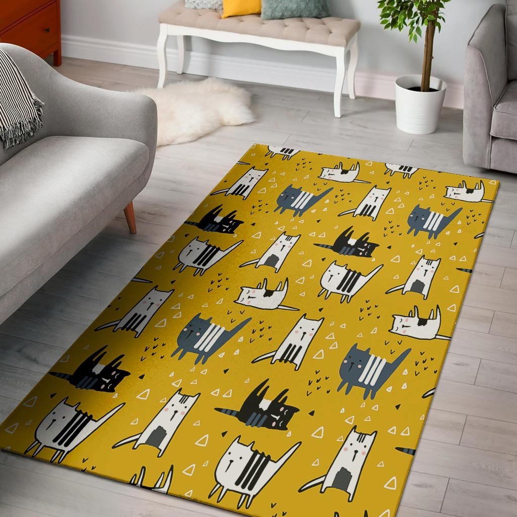 Yellow Doodle Cat Print Floor Mat-grizzshop