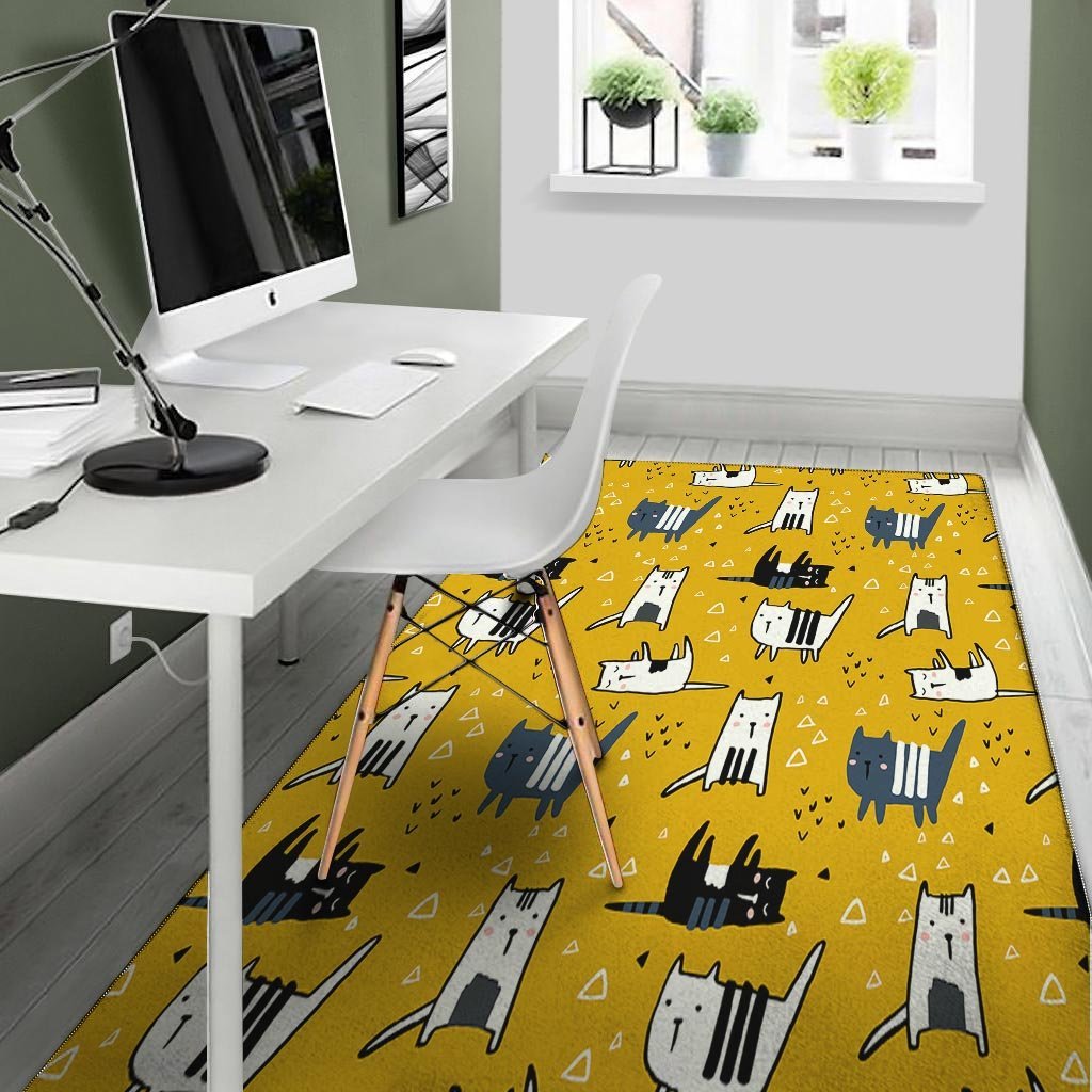 Yellow Doodle Cat Print Floor Mat-grizzshop