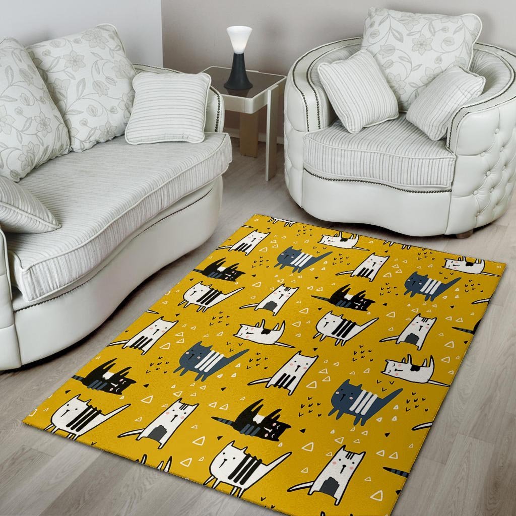 Yellow Doodle Cat Print Floor Mat-grizzshop