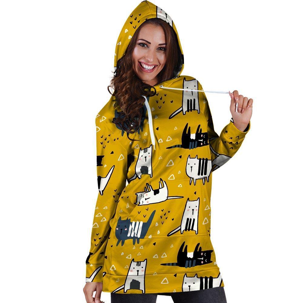 Yellow Doodle Cat Print Hoodie Dress-grizzshop