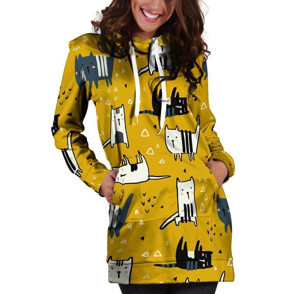 Yellow Doodle Cat Print Hoodie Dress-grizzshop