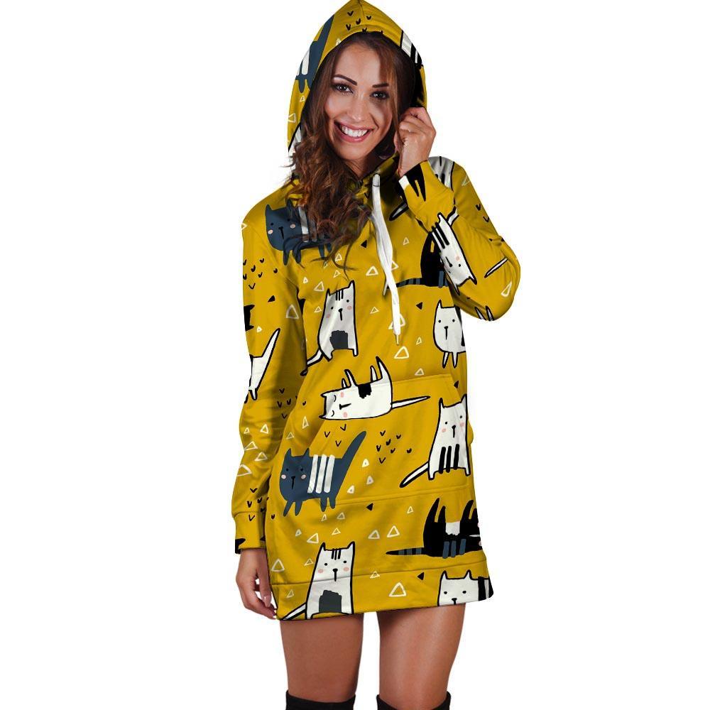 Yellow Doodle Cat Print Hoodie Dress-grizzshop