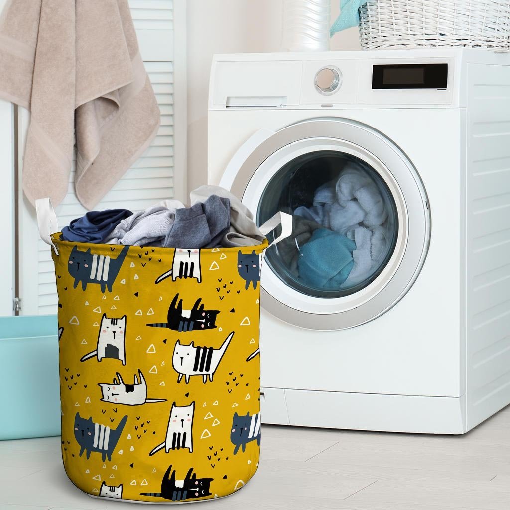 Yellow Doodle Cat Print Laundry Basket-grizzshop