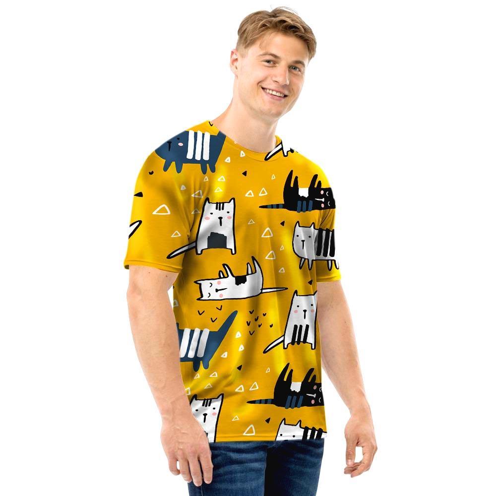 Yellow Doodle Cat Print Men T Shirt-grizzshop