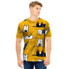 Yellow Doodle Cat Print Men T Shirt-grizzshop