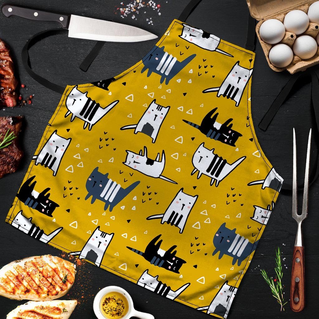 Yellow Doodle Cat Print Men's Apron-grizzshop