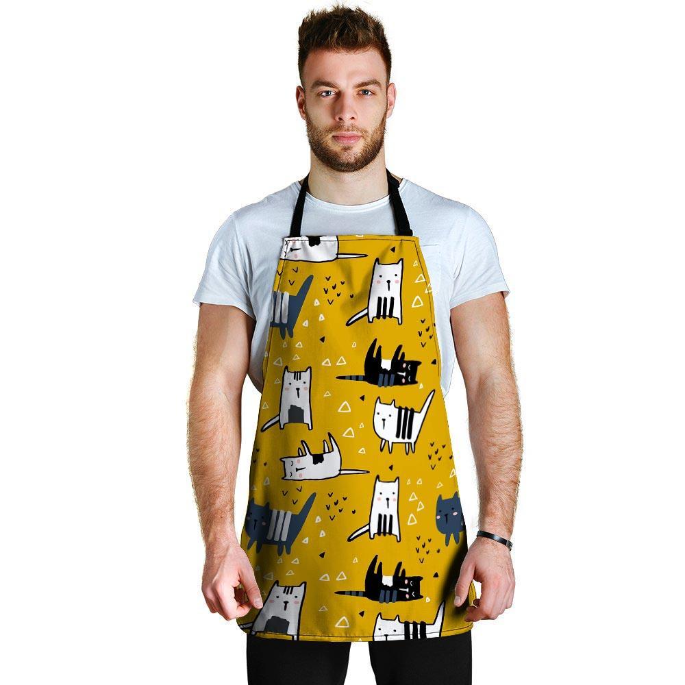 Yellow Doodle Cat Print Men's Apron-grizzshop