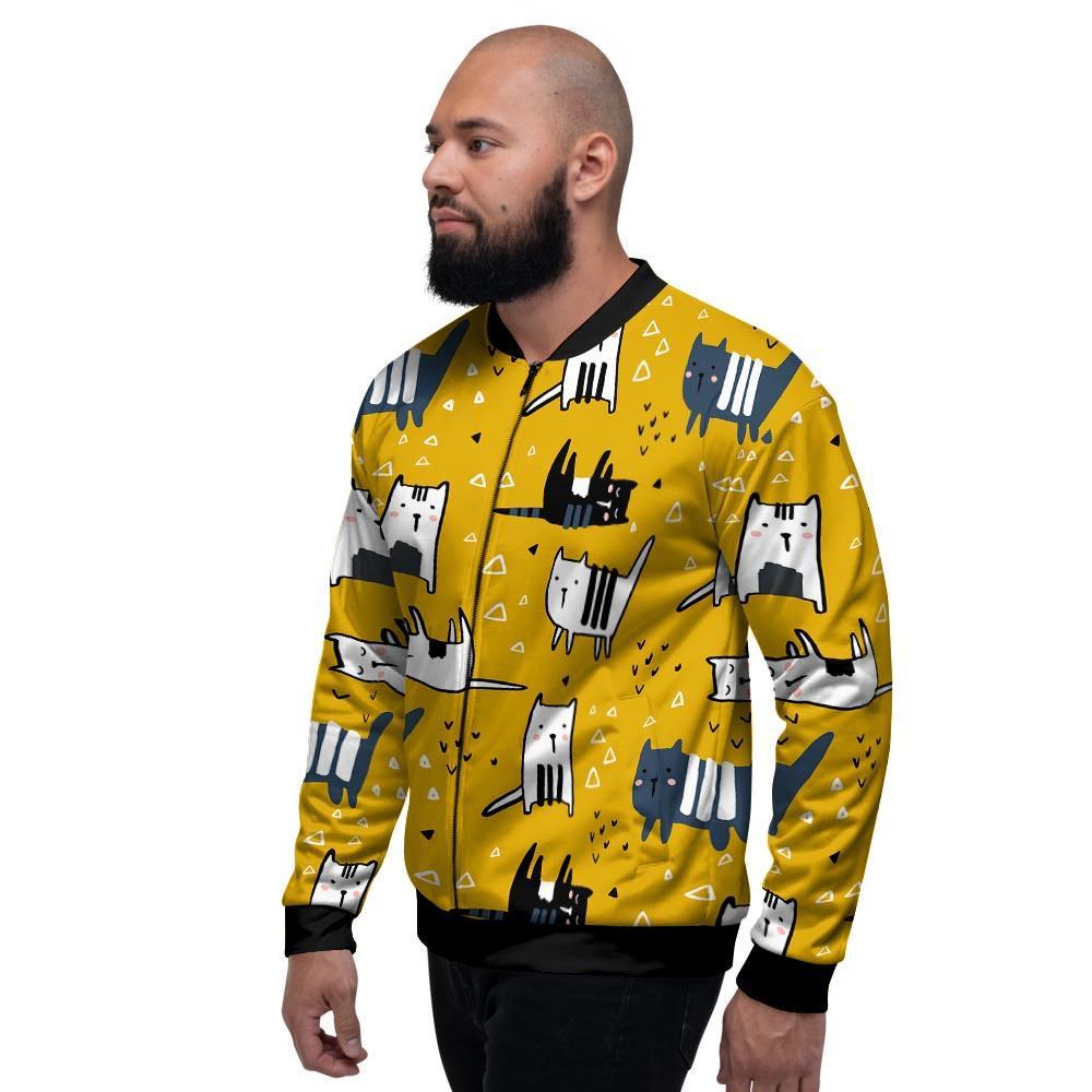 Yellow Doodle Cat Print Men's Bomber Jacket-grizzshop