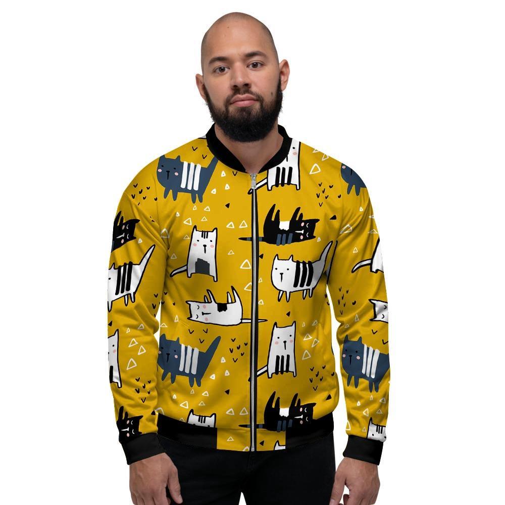 Yellow Doodle Cat Print Men's Bomber Jacket-grizzshop