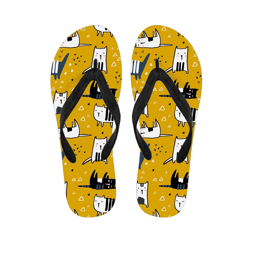Yellow Doodle Cat Print Men's Flip Flops-grizzshop
