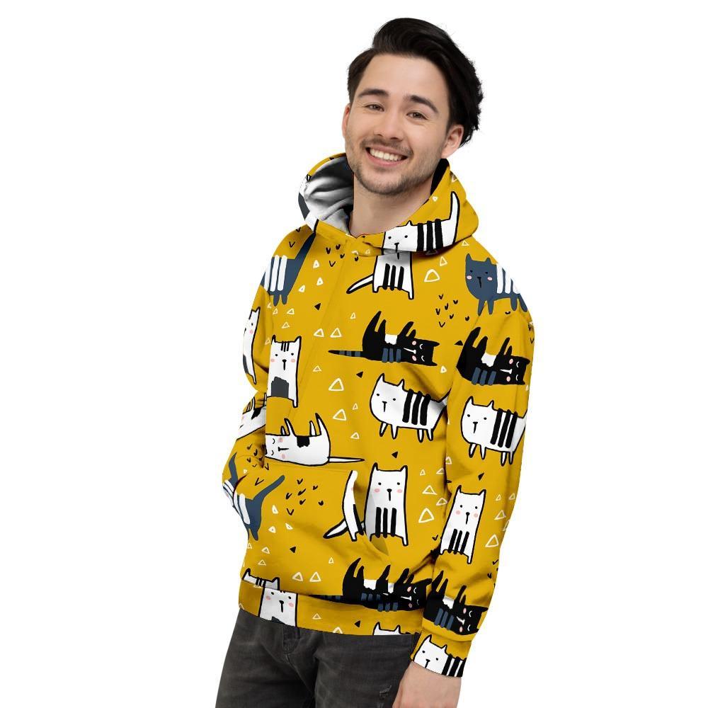 Yellow Doodle Cat Print Men's Hoodie-grizzshop