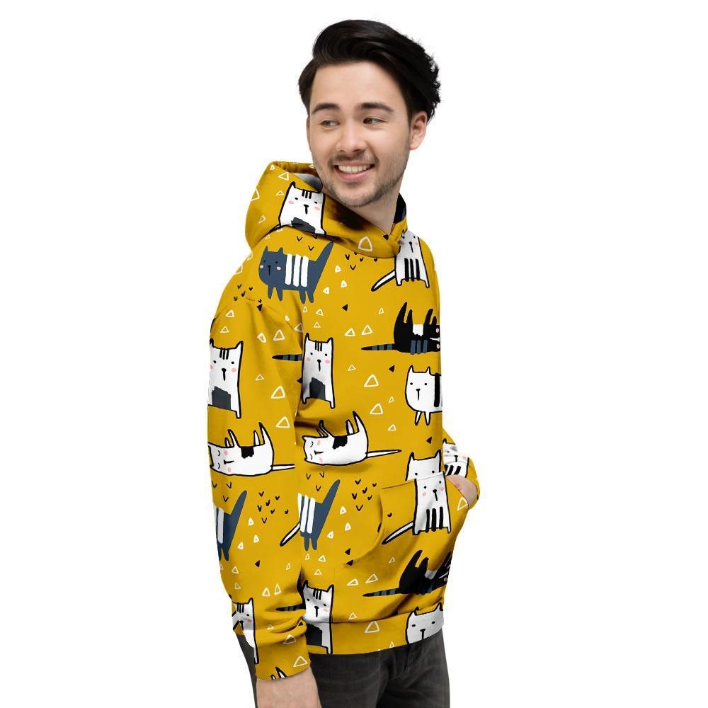 Yellow Doodle Cat Print Men's Hoodie-grizzshop