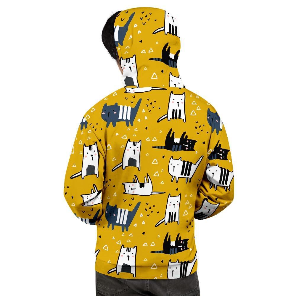 Yellow Doodle Cat Print Men's Hoodie-grizzshop