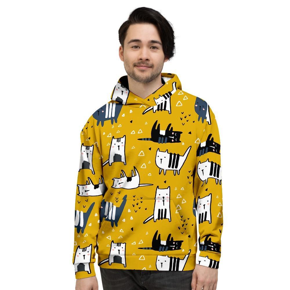 Yellow Doodle Cat Print Men's Hoodie-grizzshop