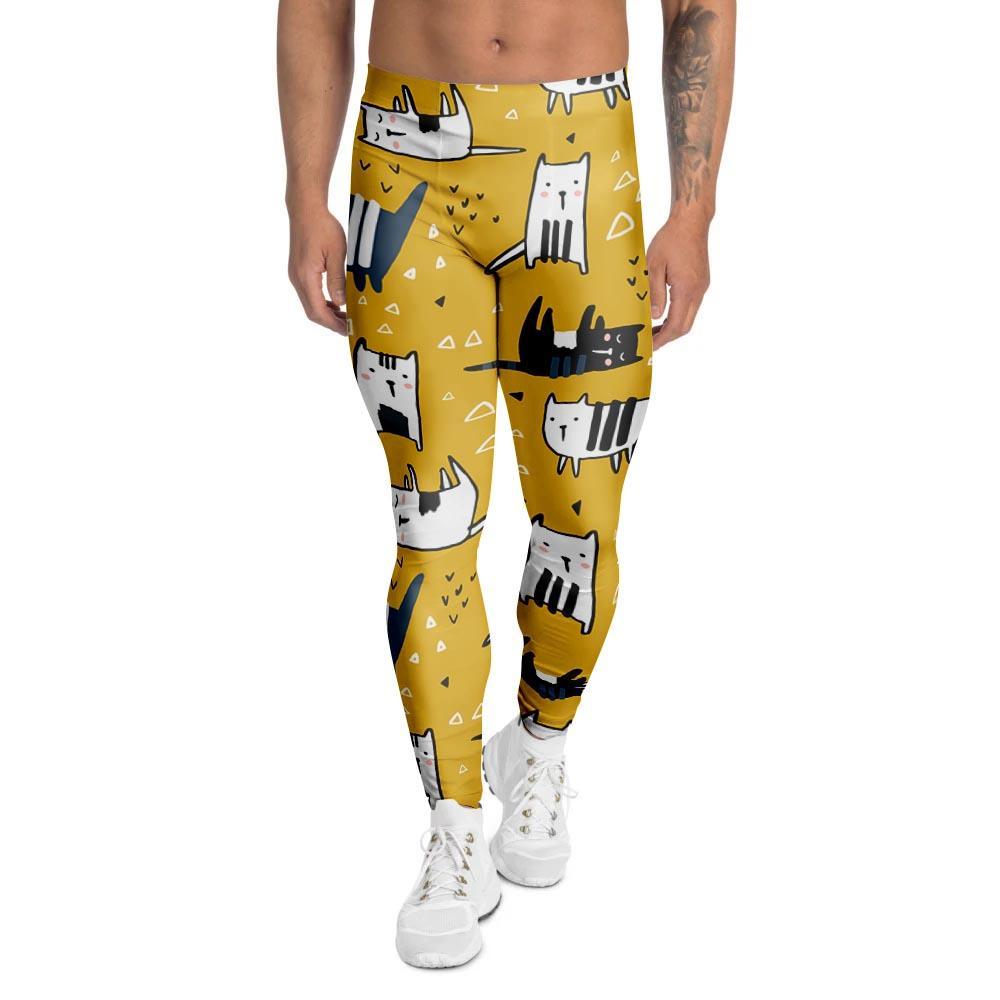 Yellow Doodle Cat Print Men's Leggings-grizzshop