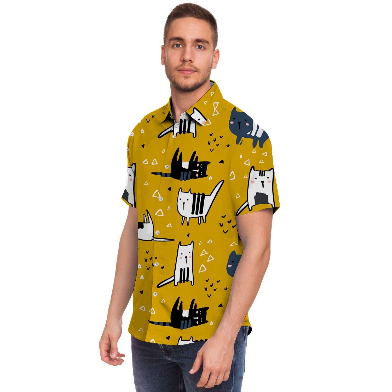 Yellow Doodle Cat Print Men's Short Sleeve Shirt-grizzshop