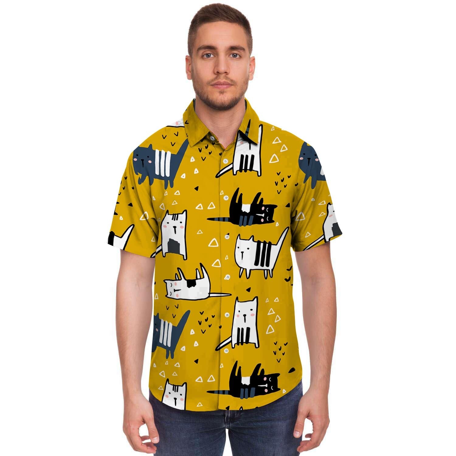 Yellow Doodle Cat Print Men's Short Sleeve Shirt-grizzshop