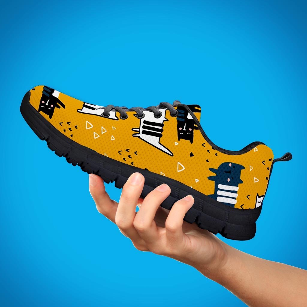 Yellow Doodle Cat Print Men's Sneakers-grizzshop