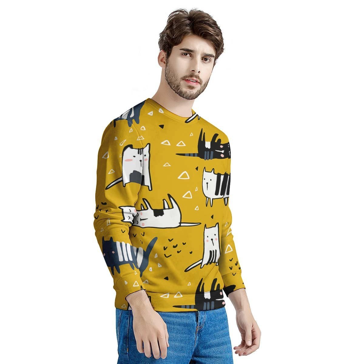 Yellow Doodle Cat Print Men's Sweatshirt-grizzshop