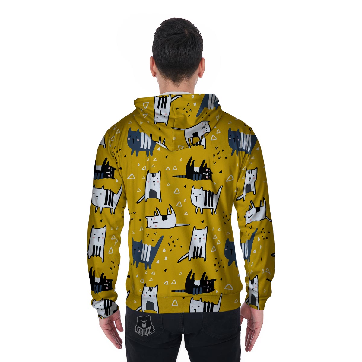 Yellow Doodle Cat Print Men's Zip Up Hoodie-grizzshop