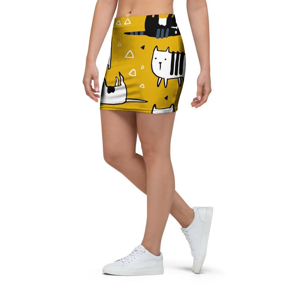 Yellow Doodle Cat Print Mini Skirt-grizzshop