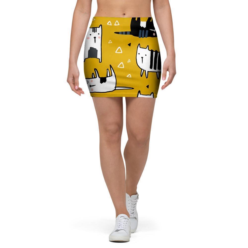 Yellow Doodle Cat Print Mini Skirt-grizzshop